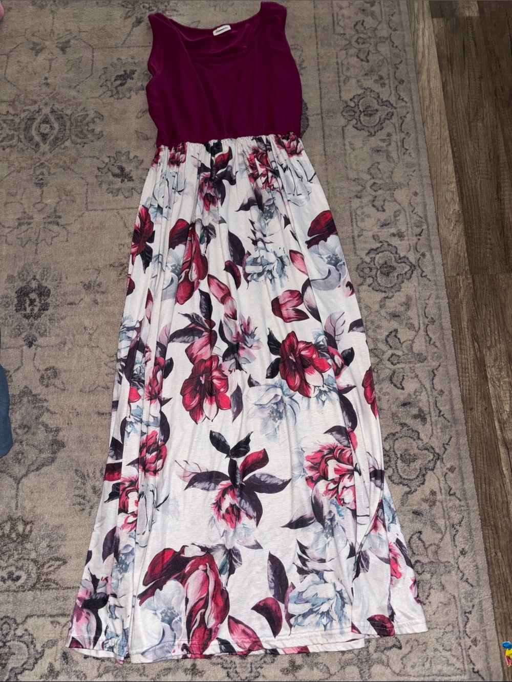 Sleeveless Maxi Dress with Floral Skirt - Magenta & White